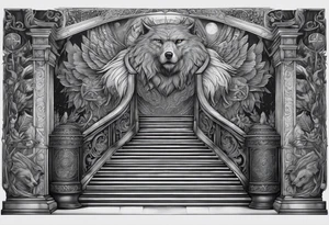 a staircase to valhalla with a big face of odin Odin at its end. On the side of the stair is a pack ow wolves. Also add in a a pair of doves and two ravens tattoo idea