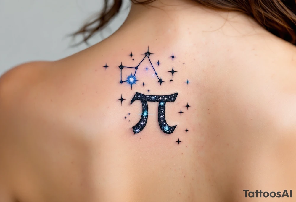 A bold black Pisces sign sits under a gradient of starlight forming the star constellation in icy shades. tattoo idea