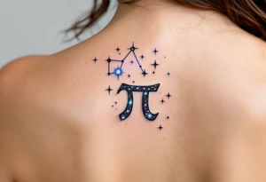A bold black Pisces sign sits under a gradient of starlight forming the star constellation in icy shades. tattoo idea