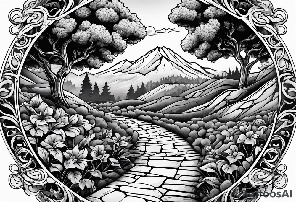 stone road over leafy vines tattoo idea