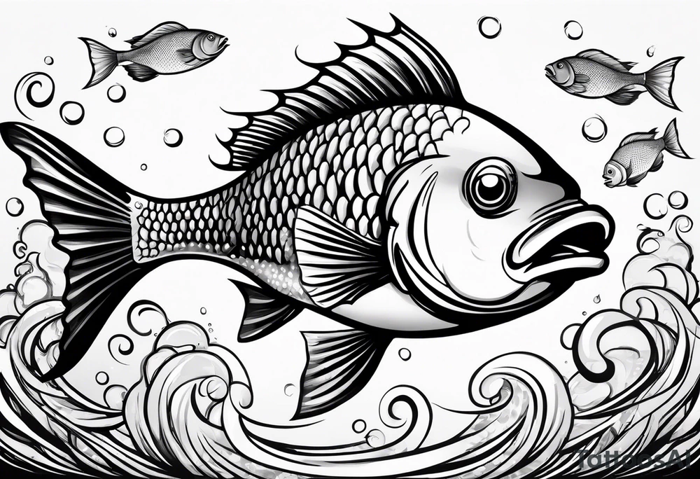 Cartoon fish with a mean face, angry expression, realistic tattoo idea