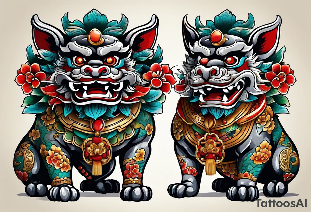 Okinawa-style pair of shisa dogs, one has an open mouth, one has a closed mouth, chest/pecs, Yakuza style, simple tattoo idea