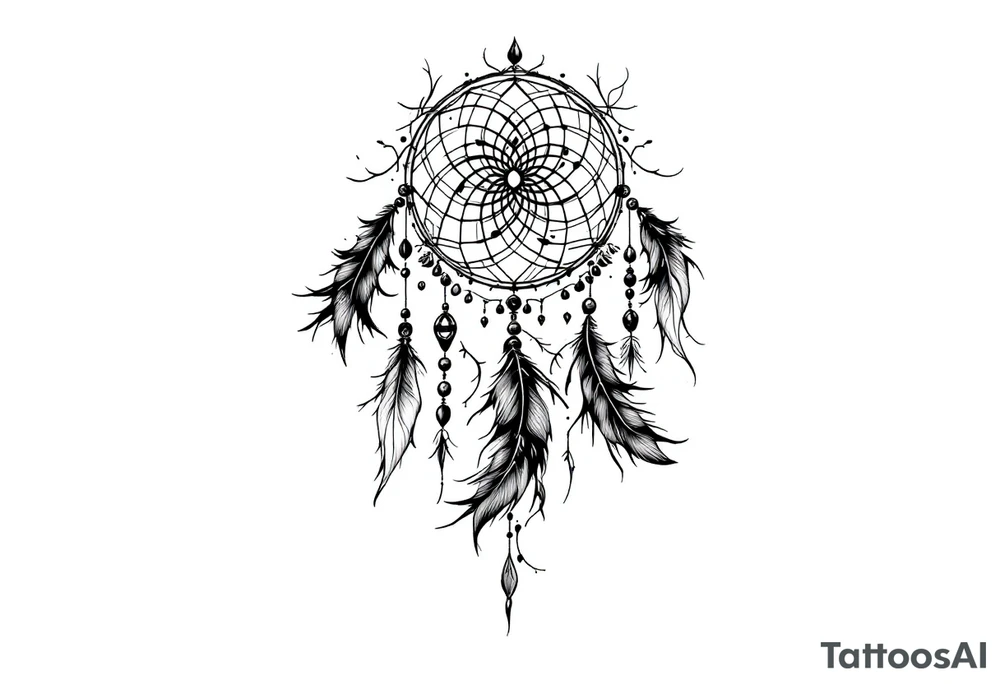 native dreamcatcher with flowing feathers and sacred beads tattoo idea