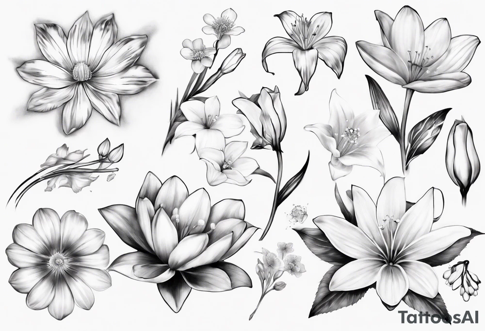 Make a tattoo with Cosmos flower, lily Of the valley, water lily, snow drop, and morning glory tattoo idea