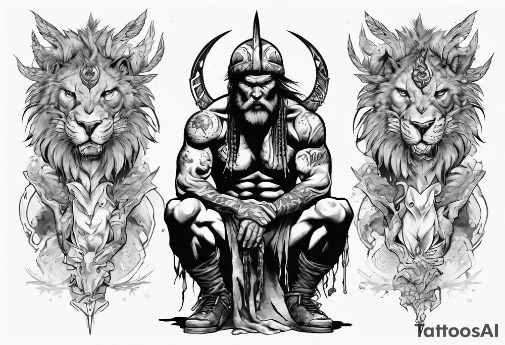 Savage warrior kneeling with the world on his shoulders. Peaceful tattoo idea