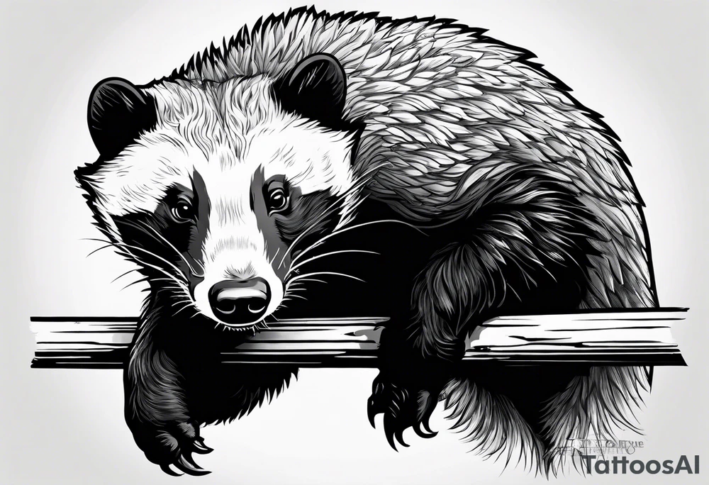 honey badger climbing-over, claws near face, behind, on its back legs, looking over fence tattoo idea
