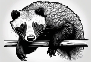 honey badger climbing-over, claws near face, behind, on its back legs, looking over fence tattoo idea
