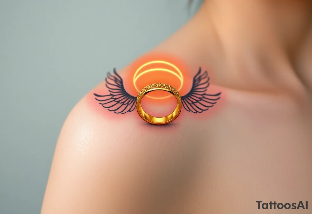 A golden wedding band floating within an angelic halo, glowing softly. tattoo idea