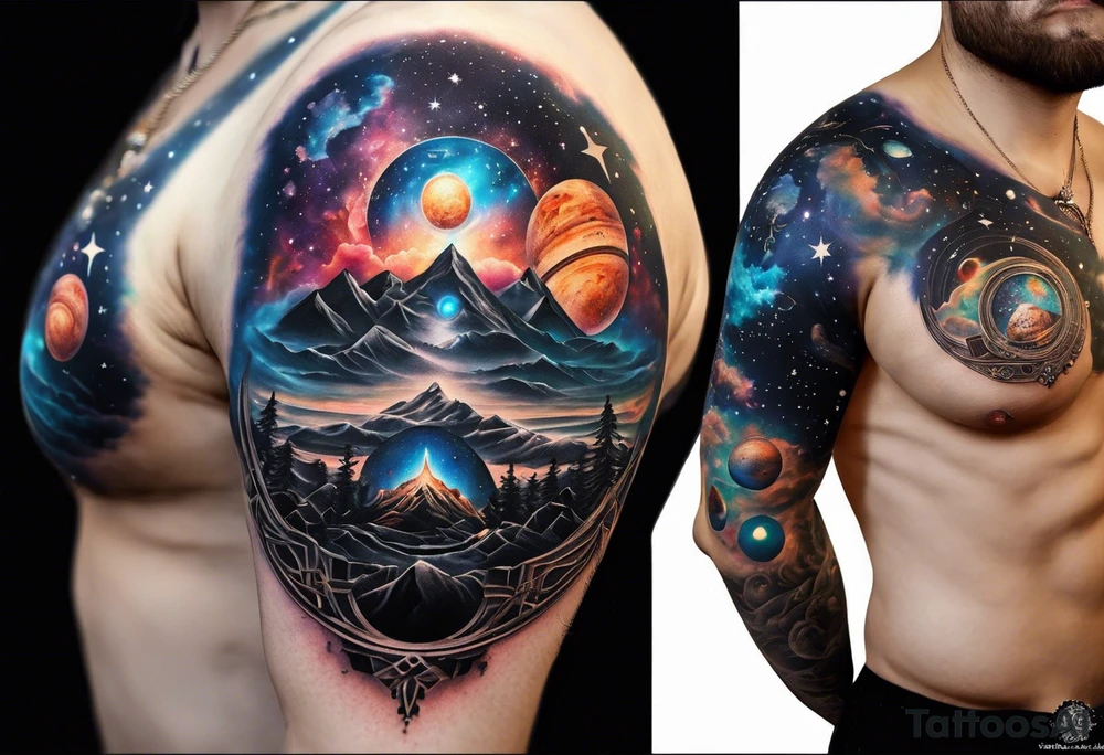 A tattoo featuring a cosmic scene with planets, black holes, and supernovae intertwined with intricate linguistic symbols, reflecting the client's interests in cosmology and linguistics. tattoo idea