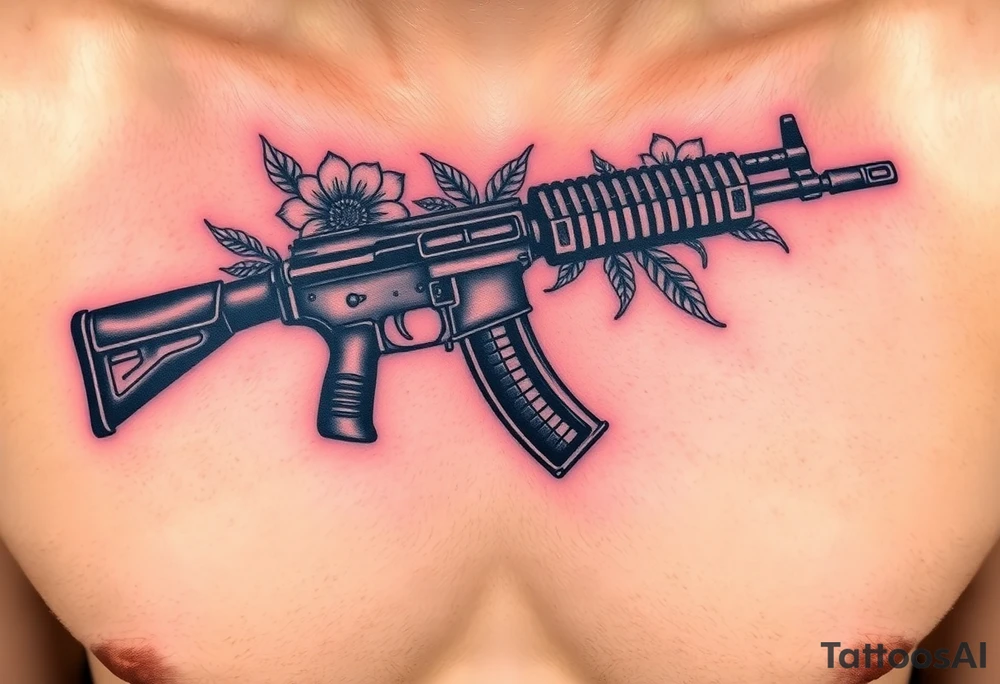 ak 47 black silhouette with floreal details tattoo idea