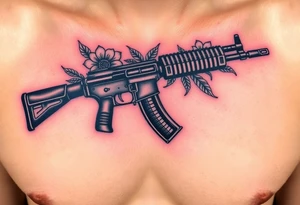 ak 47 black silhouette with floreal details tattoo idea