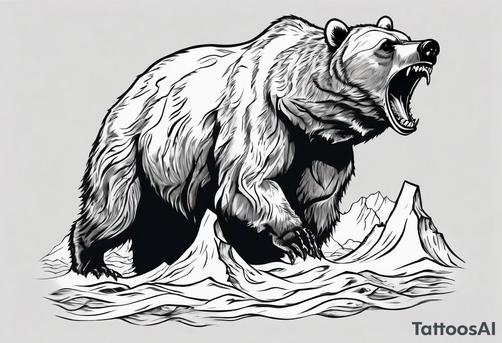 A growling grizzly bear standing on hind legs and inside the bear a realistic depiction of the triglav mountain in slovenia and under the sea pounding the mountain. All inside the bear tattoo idea