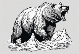 A growling grizzly bear standing on hind legs and inside the bear a realistic depiction of the triglav mountain in slovenia and under the sea pounding the mountain. All inside the bear tattoo idea