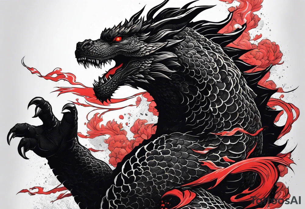 godzilla inspired dragon irezumi arm sleeve in black and red with water and lightning tattoo idea