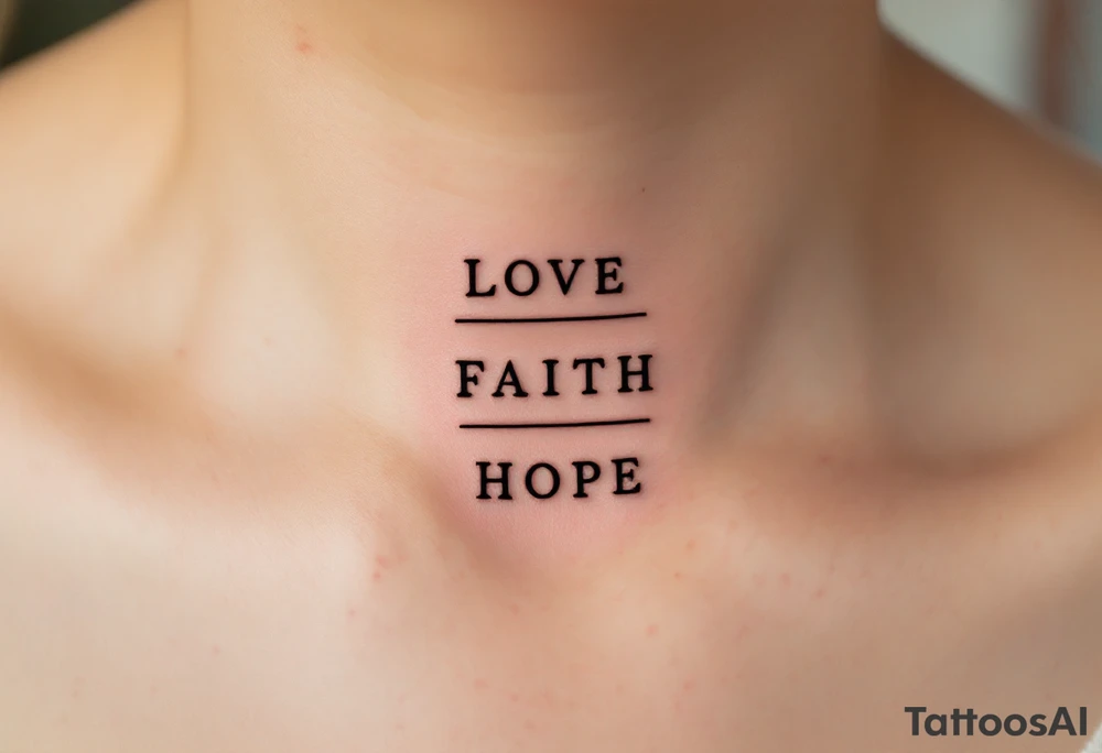 "Love, Faith, Hope" in stacked formation with thin black bars separating each word and soft gradient fills inside. tattoo idea