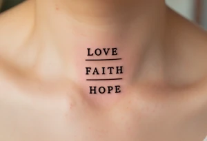 "Love, Faith, Hope" in stacked formation with thin black bars separating each word and soft gradient fills inside. tattoo idea