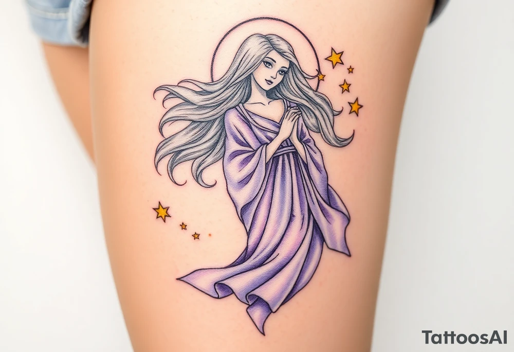 A celestial Virgo goddess with flowing silver hair, dressed in a flowing lavender robe, surrounded by golden stars and virgo sign tattoo idea