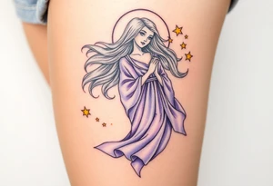 A celestial Virgo goddess with flowing silver hair, dressed in a flowing lavender robe, surrounded by golden stars and virgo sign tattoo idea