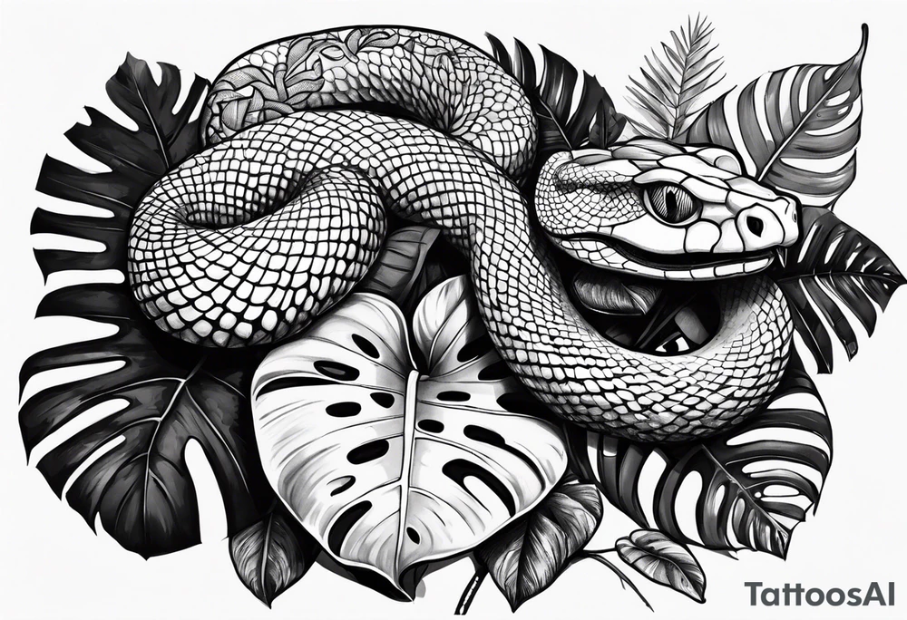 Little snake with monstera tattoo idea