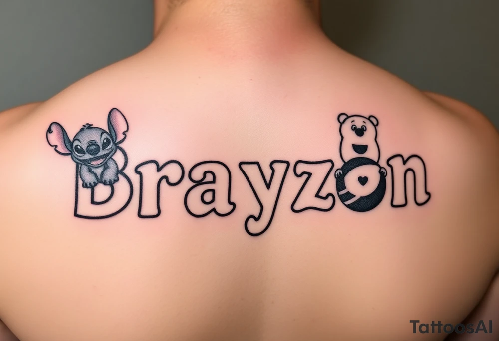 The name Braxton in small bubble letters with a animated stitch character from lilo and stitch 
The name Bentley in small bubble letters with a animated Piglet from Winnie the Pooh 
The name Cayden in small bubble letters with a Sully from monsters inc 
All in one tattoo tattoo idea