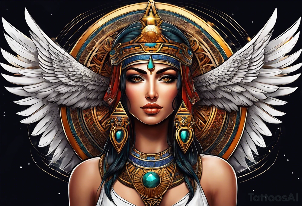 Isis (top center): With wings and the sun disc on her head, holding the ankh. tattoo idea