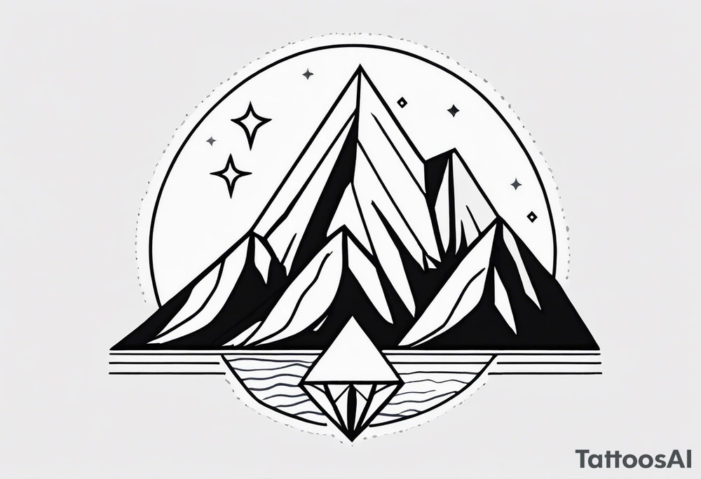 fineline style, black, no fill, mountain massif, one Peak, water wave, a large semi-circle with two small colored stars frames the mountain peak, an open diamond as a geometric shape with dashed lines surrounds everything with the water overhanging the diamond, tattoo idea