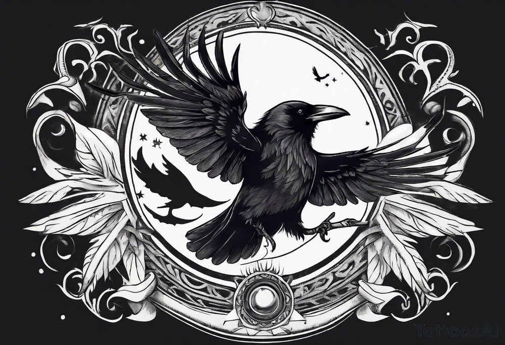 Cunning Raven wearing a Crown flying towards the Sun. Mystic. tattoo idea
