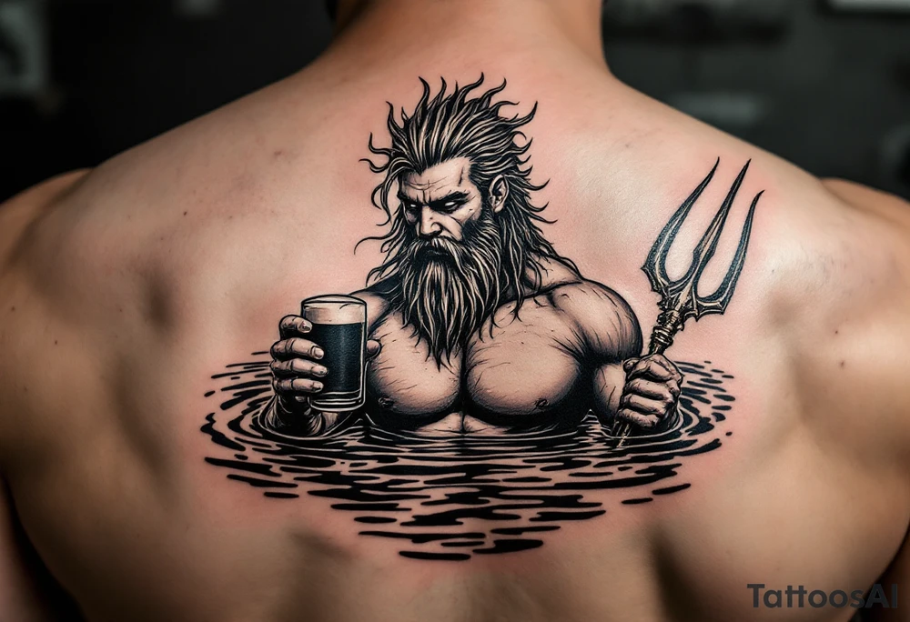 young, fit poseidon in calm water, behind a trident, holding a beer tattoo idea