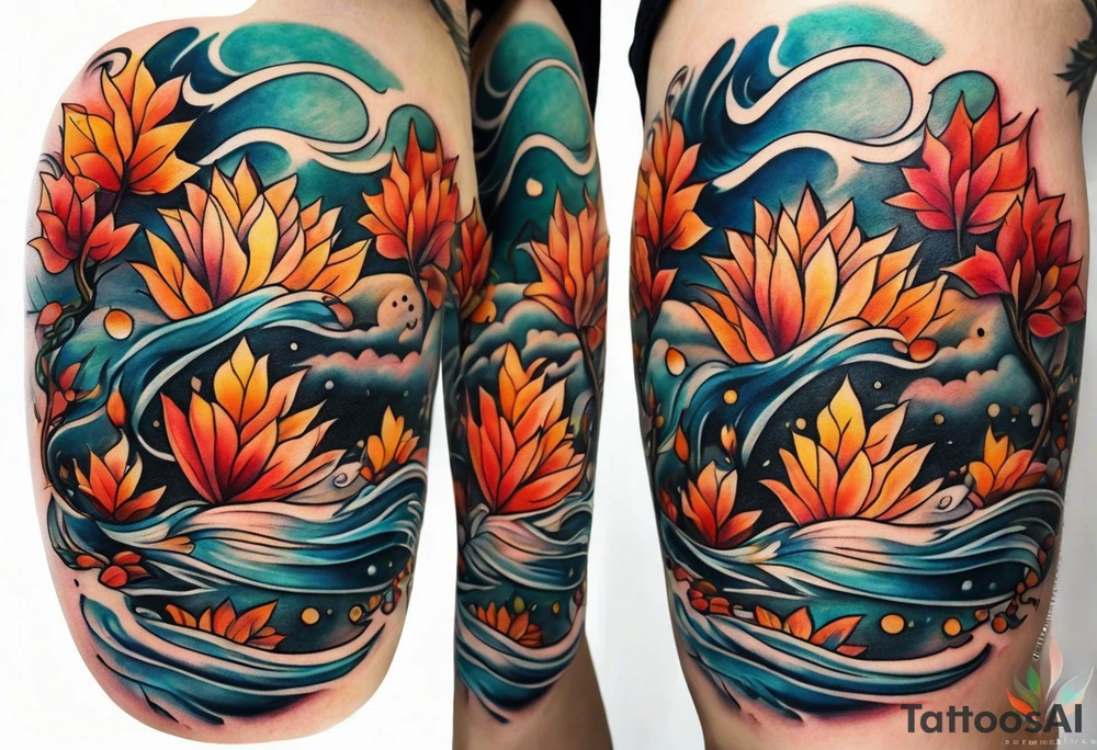 Knee tattoo in fall colors with water flow washes tattoo idea