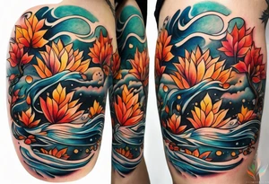 Knee tattoo in fall colors with water flow washes tattoo idea