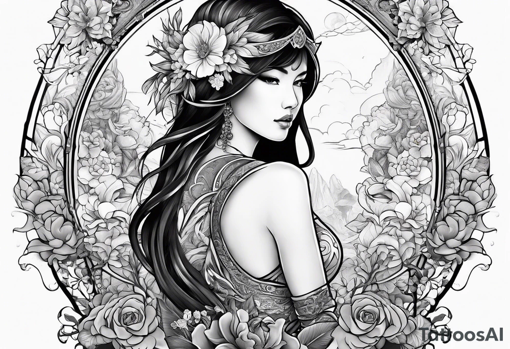 ornate beautiful woman warrior with weapon & floral arch background tattoo from head to torso tattoo idea