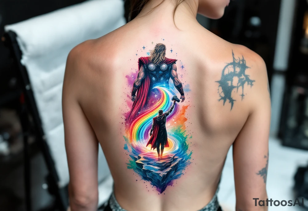 Chris Hemsworth’s Thor A full back piece of Thor standing on the Bifrost, his hammer raised, with the rainbow bridge stretching behind him, in vibrant colors. tattoo idea