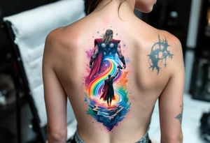 Chris Hemsworth’s Thor A full back piece of Thor standing on the Bifrost, his hammer raised, with the rainbow bridge stretching behind him, in vibrant colors. tattoo idea