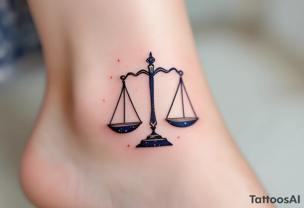 A stylized set of scales rests over a navy Libra star constellation with tiny stars in pastel pink. tattoo idea