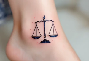 A stylized set of scales rests over a navy Libra star constellation with tiny stars in pastel pink. tattoo idea