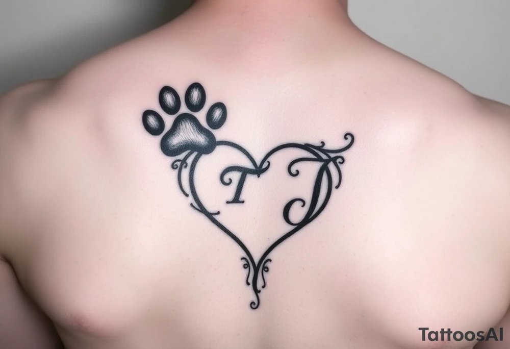 A pawprint and a heart with the letters T and J tattoo idea