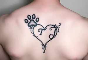 A pawprint and a heart with the letters T and J tattoo idea