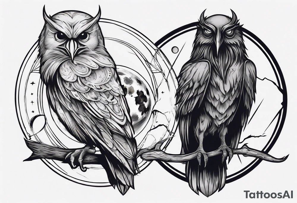Raven on the left. Owl on the right. Mystic. Dark Demonic Energy. The Moon. tattoo idea