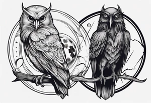 Raven on the left. Owl on the right. Mystic. Dark Demonic Energy. The Moon. tattoo idea