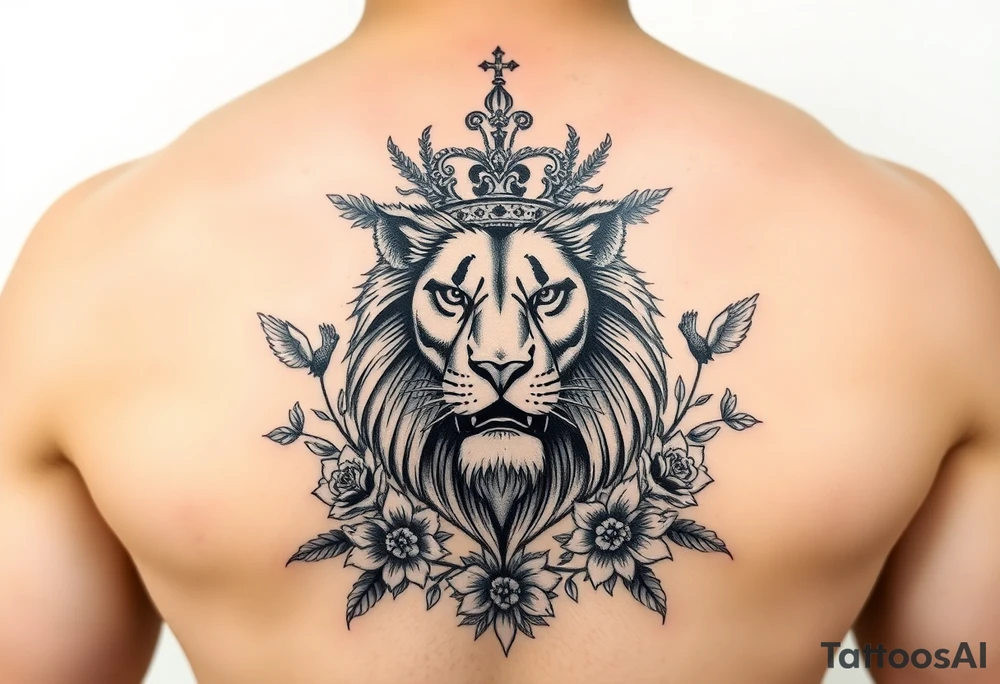 powerful majestic lion with a crown, surrounded by floral ornaments and birds tattoo idea