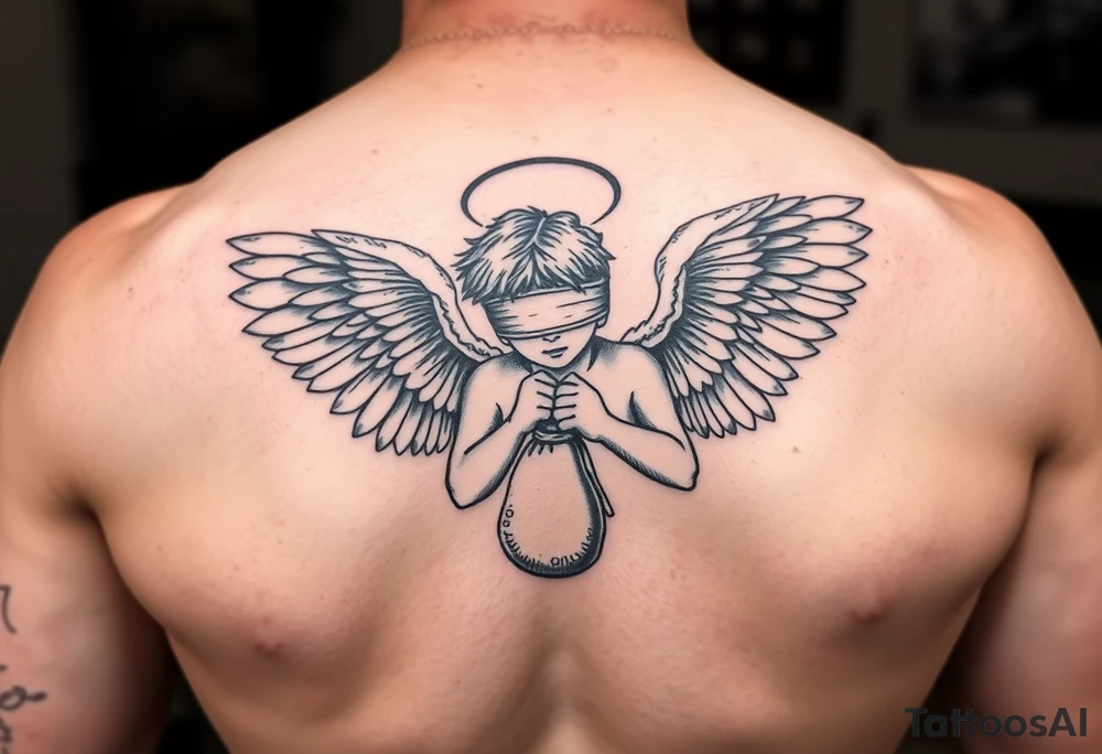 Blindfolded angel with bag money tattoo idea