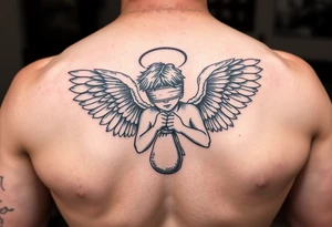 Blindfolded angel with bag money tattoo idea