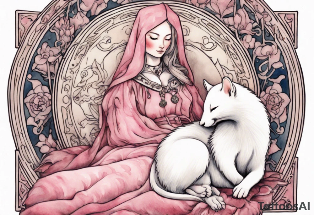 an ermine with pink fur sleeping on the lap of a beautiful medieval woman tattoo idea