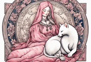 an ermine with pink fur sleeping on the lap of a beautiful medieval woman tattoo idea