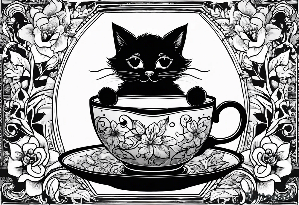 Black cat taking some tea in a wonderful cup tattoo idea