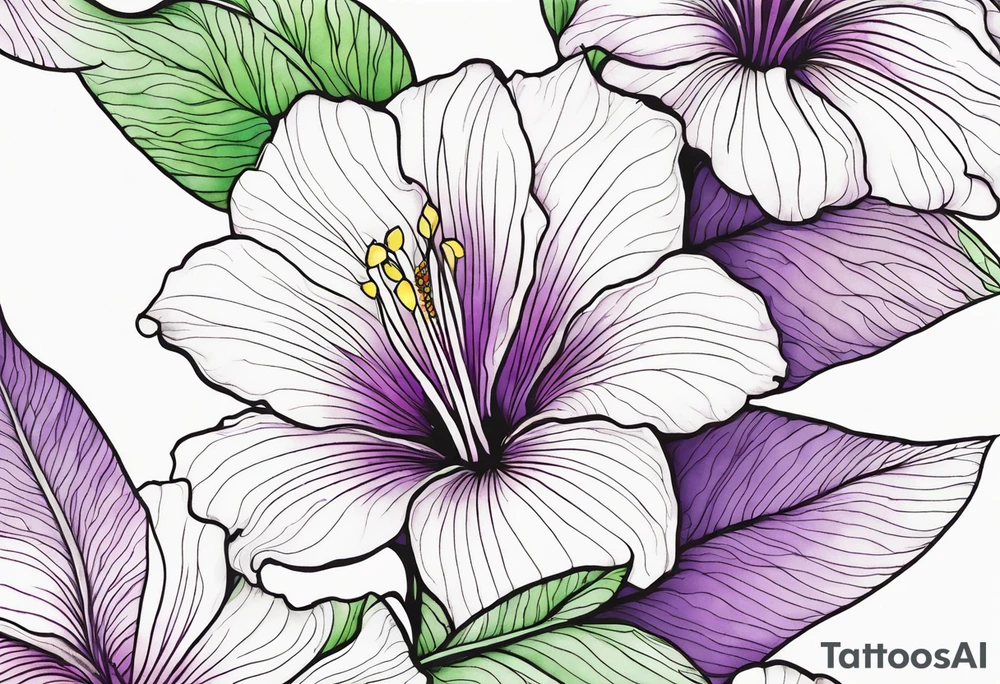 An outline of a rio dipladenia flower with a green and purple watercolor background tattoo idea