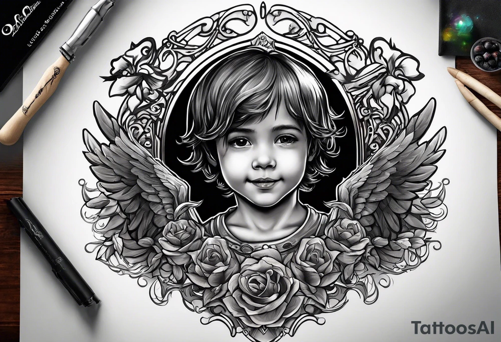 Kid smiling looking up at angel of death tattoo idea