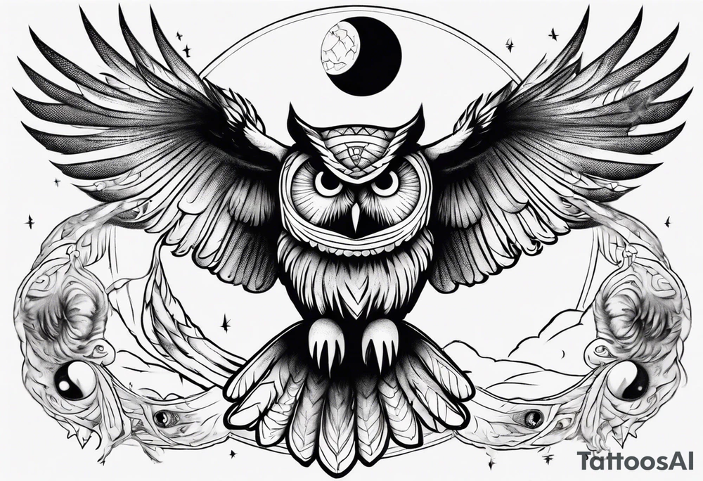 Wise Owl with the third eye flying towards the Dark Moon. tattoo idea