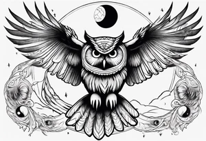 Wise Owl with the third eye flying towards the Dark Moon. tattoo idea