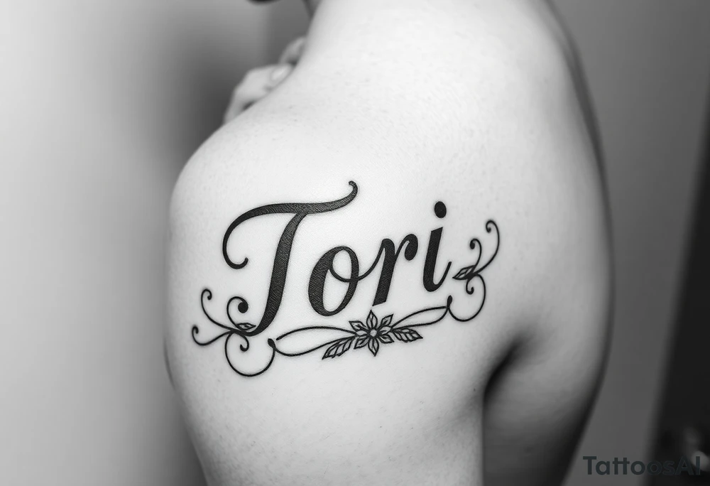 The name Tori on a man’s hand with designs tattoo idea
